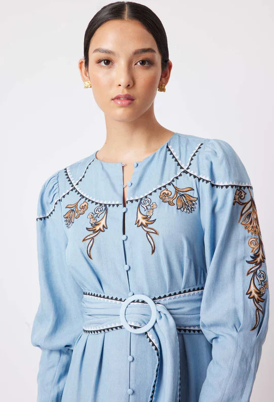 GETTY EMBROIDERED DRESS IN CHAMBRAY