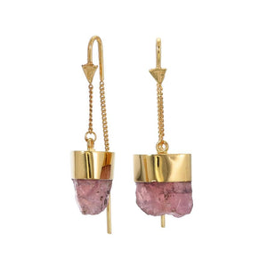 
            
                Load image into Gallery viewer, ROUGH ROSE QUARTZ CRYSTAL PULL THROUGH EARRINGS - GOLD
            
        