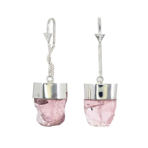 
            
                Load image into Gallery viewer, ROUGH ROSE QUARTZ CRYSTAL PULL THROUGH EARRINGS - SILVER
            
        
